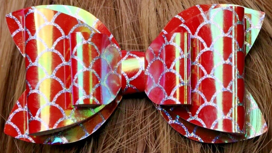 Red Holographic Mermaid Fish Scales Hair Bow Stacked Boutique Handmade