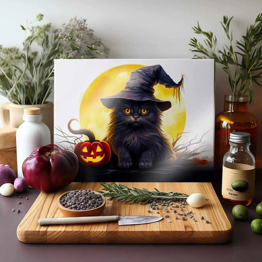 Halloween Witch Black Cat Glass Cutting Board